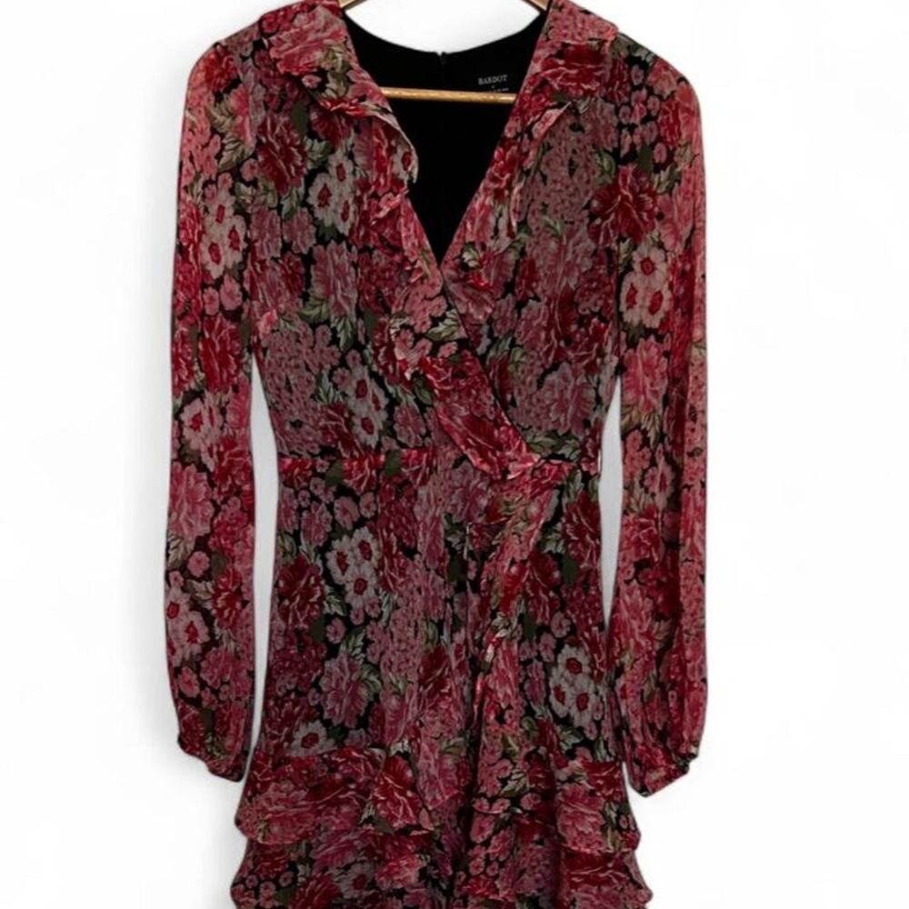 Bardot Dark Floral Frill Wrap Mini Dress Sz 4 V-Neck